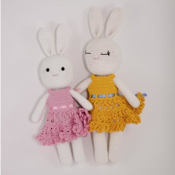 crochet bunny amigurumi pattern yellow and pink dresses